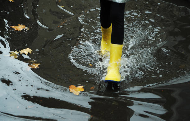 istock Yellow rubber shoes in puddle after raining. 1342419157