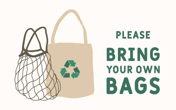 please bring your own bag Zero waste concept illustration. Eco bag icon with text please bring your own bags. reusable bag stock illustrations