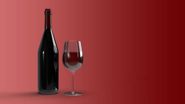 eine flasche und ein glas rotwein auf dunkelrotem hintergrund, 3d-rendering - wine bottle bottle burgundy wine stock-fotos und bilder