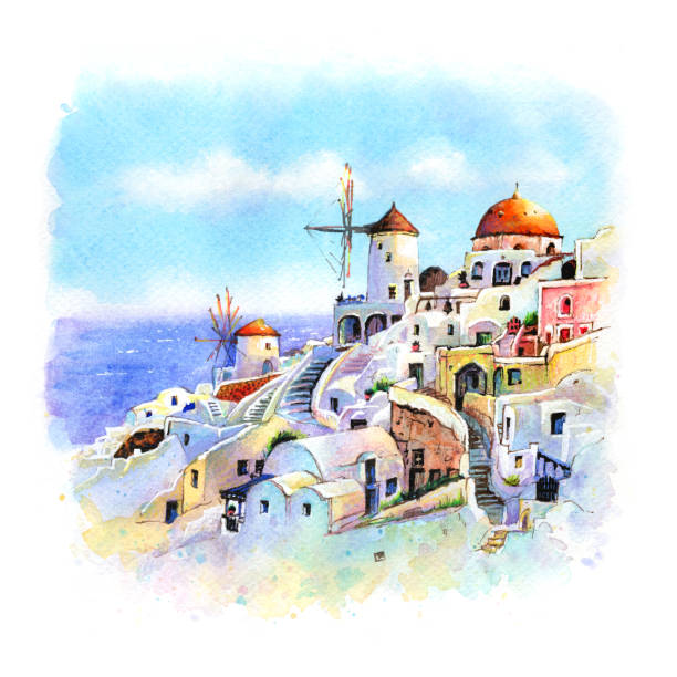 Oia at sunset, Santorini, Greece Watercolor sketch of Oia on island Santorini, white houses and windmills at sunset, Greece santorini stock illustrations