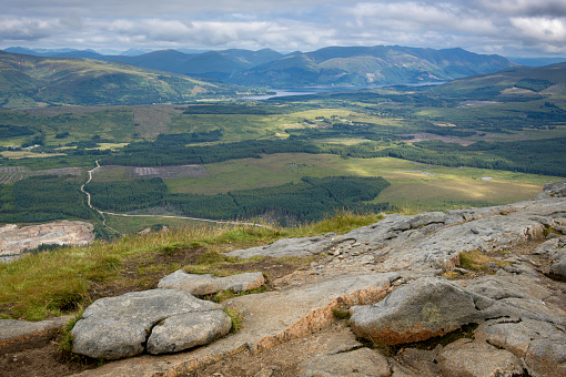 Elevated view of valley and mountains around Fort William, Scotland.