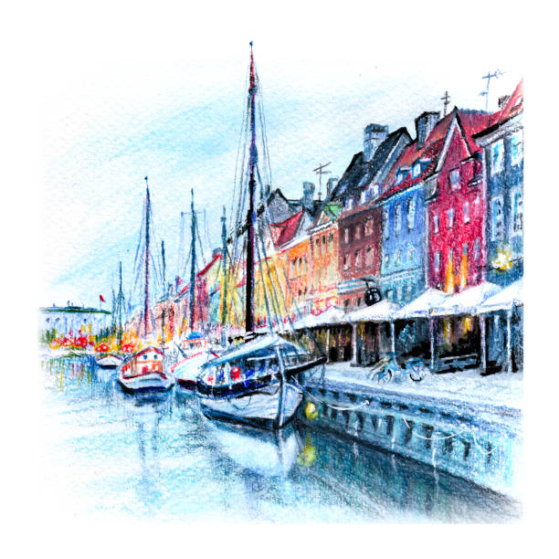 Watercolor pencils sketch of Nyhavn, Copenhagen, Denmark. Watercolor pencils sketch of Nyhavn with colorful facades of old houses and ships in Old Town of Copenhagen, capital of Denmark. nyhavn stock illustrations