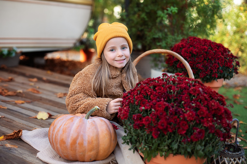 Smilling Child in autumn garden with yellow pumpkins and flower. Happy little girl sitting on porch of house with chrysanthemums potted and pumpkins. home fall decoration for Halloween or Thanksgiving