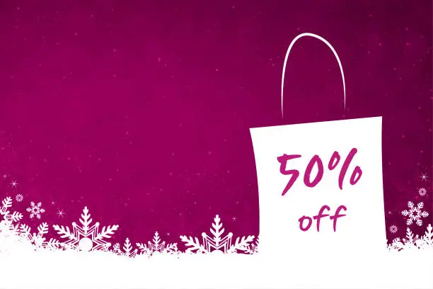 Vector illustration of White colored snow and snowflakes at the bottom of a vibrant magenta fuschia pink or purple color  horizontal Xmas festive vector backgrounds with a shopping bag with text message 50 % Off