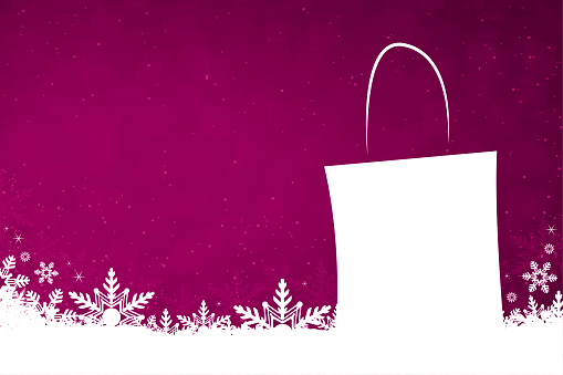 White colored snow and snowflakes at the bottom of a vibrant magenta fuschia pink or purple color  horizontal Christmas festive vector backgrounds with a blank, empty shopping bag with no text and no people
