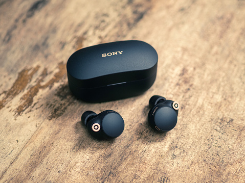 Seoul, Korea - Jun 30 2021: Sony Bluetooth earphone WF-1000XM4 SME. Wireless audio made out of recycled materials.
