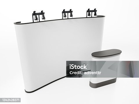 istock Blank pop up conference display screen and kiosk 1342428371