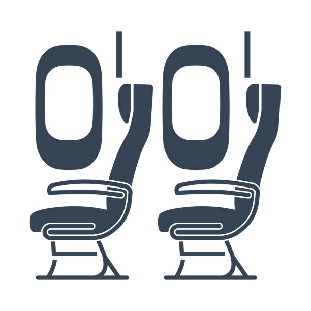 Vector black icon airplane airline seats in the cabin, windows and chair vector art illustration