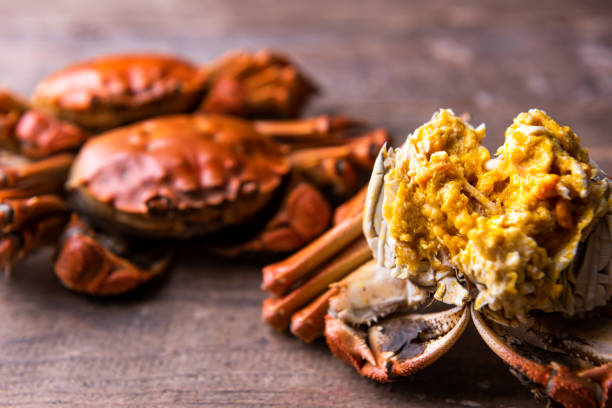 Cooked hairy crabs on the table, Closeup