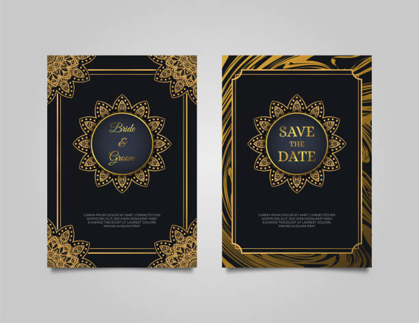 Luxury wedding invitation card design Luxury wedding invitation card design. Wedding invitation set with elegant black background. Cool invitation template with golden mandala ornament charter document stock illustrations