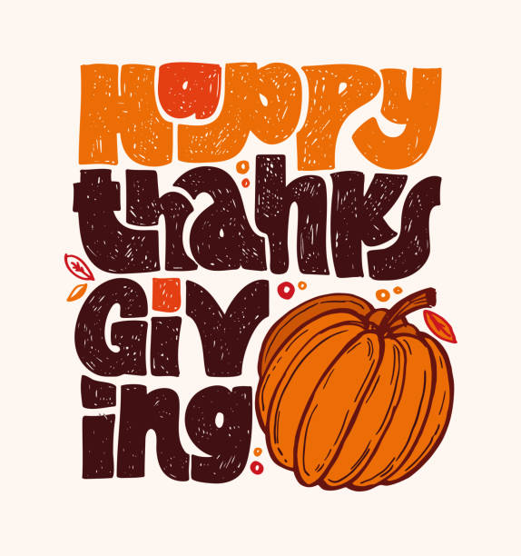 illustrations, cliparts, dessins animés et icônes de affiche typographique de lettrage de thanksgiving dessinée à la main. texte de célébration « happy thanksgiving day » sur fond texturé pour carte postale, icône, logo ou badge. calligraphie vectorielle de style vintage eps10 - thanksgiving turkey dinner dinner party