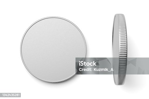 istock New silver coin isolated on white. 3D rendering. 1342435281