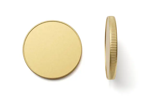 New blank brass or golden coin, top view isolated on white background. 3D rendering illustration.