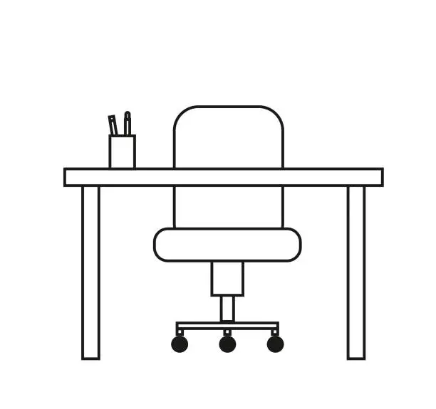 Vector illustration of Workplace in office line art illustration