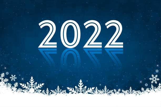 White colored snowflakes at the bottom of a dark midnight navy blue horizontal festive vector backgrounds with text 2022 for Happy New year White colored snowflakes at the bottom of a blue horizontal background vector illustration. Can be used as Xmas , New Year 2022 day celebrations festive backgrounds, banners, wallpaper, gift wrapping sheet, poster ad greeting cards. There is an inverted reflection of 2022. new years day stock illustrations