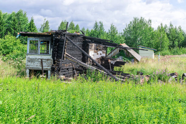 Remains of wooden country house after  conflagration in  abandoned suburban plot