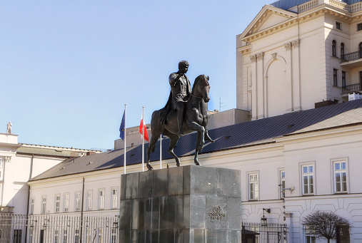 Warsaw, Poland, April 06 2018: The Monument to Prince Jozef Poniatowski located in the courtyard of The Presidential Palace in Warsaw, Poland.