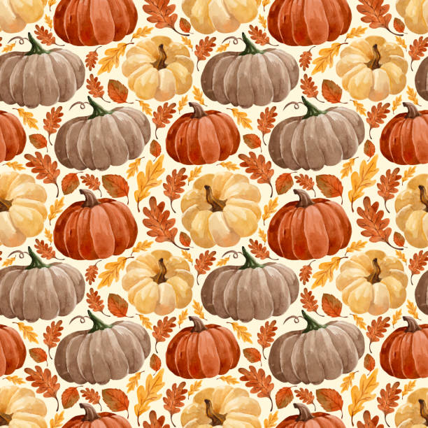 illustrazioni stock, clip art, cartoni animati e icone di tendenza di motivo autunnale vettoriale ad acquerello con zucche e foglie - pumpkin autumn october squash