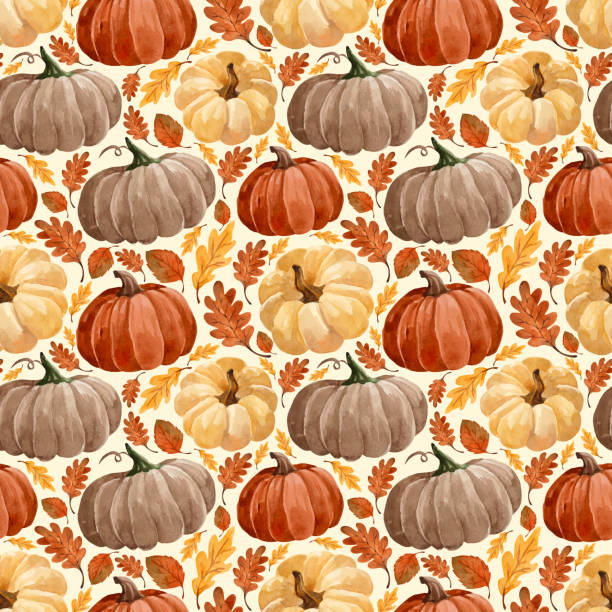 ilustrações, clipart, desenhos animados e ícones de padrão de outono vetorial de aquarela com abóboras e folhas - pumpkin autumn october squash