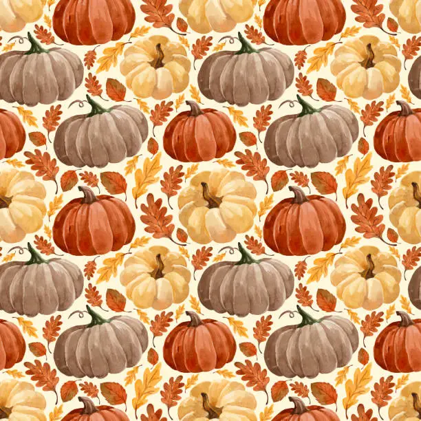 Vector illustration of Watercolor vector autumn pattern with pumpkins and leaves