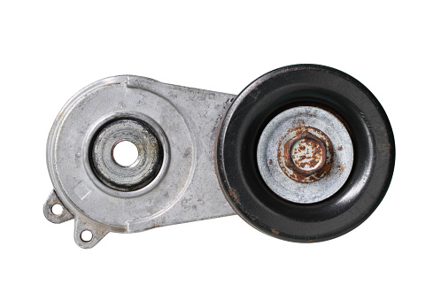 Car engine belt tensioner roller assembly (with clipping path) isolated on white background