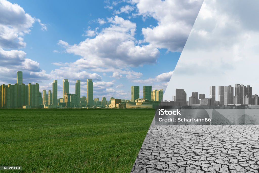 Collage of City with green field and blue sky and City with desert and grey sky. Collage of City with green field and blue sky and City with desert and grey sky. Decarbonization and carbon neutrality concept Sustainable Resources Stock Photo