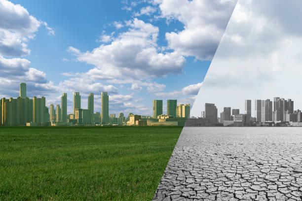 Collage of City with green field and blue sky and City with desert and grey sky. Collage of City with green field and blue sky and City with desert and grey sky. Decarbonization and carbon neutrality concept low carbon economy stock pictures, royalty-free photos & images