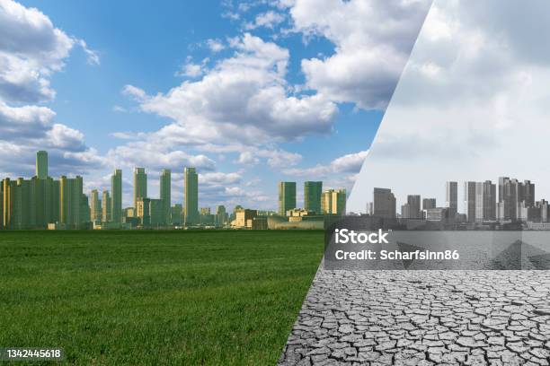 Collage Of City With Green Field And Blue Sky And City With Desert And Grey Sky Stock Photo - Download Image Now