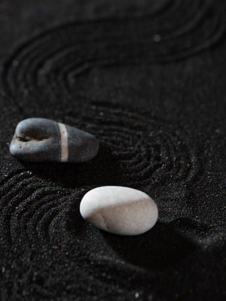 istock rock garden, white pebbles on black sand, wavy patterns. 1342446746