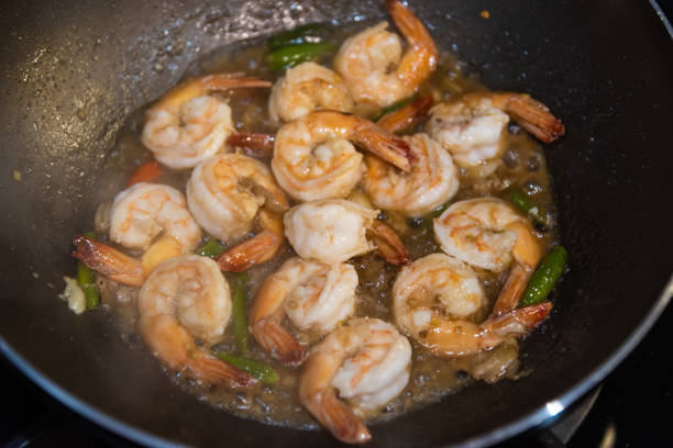 istock Stir Fried Spicy Shrimp in Black Pan 1342449698