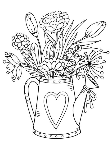 ilustraciones, imágenes clip art, dibujos animados e iconos de stock de regar el jardín con un ramo de flores. ilustración vectorial en blanco y negro, libro para colorear. - página de libro para colorear técnica de ilustración
