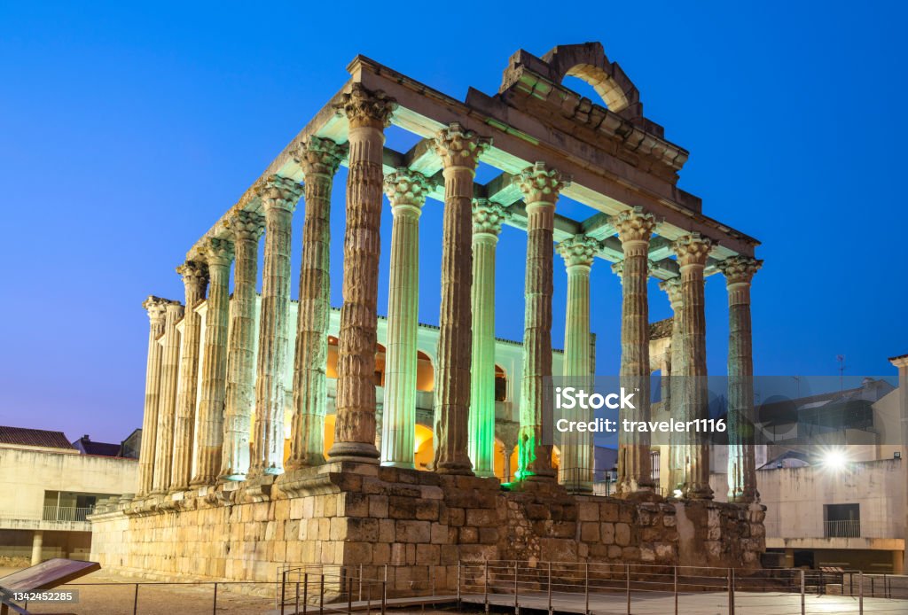 Temple of Diana (actually a temple to the Imperial cult) in Merida, Extremadura, Spain. The temple was wrongly named when rediscovered and is actually dedicated to the Imperial cult not the goddess Diana. It was built around the 1st century. Merida - Spain Stock Photo