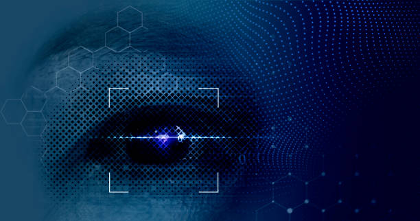 Biometric security scan. Concept of eye recognition technology. Eye with scanner and computer interface