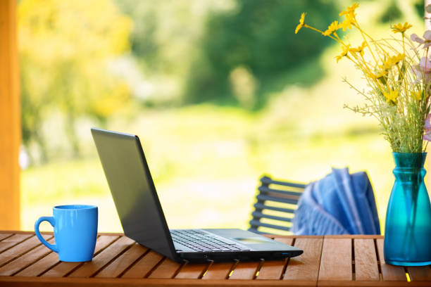 istock Concept of the workplace at mountain chalet, working remotely. 1342453666