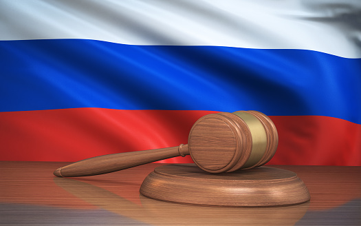 3d Render Judge Gavel and Russia flag on background (close-up)