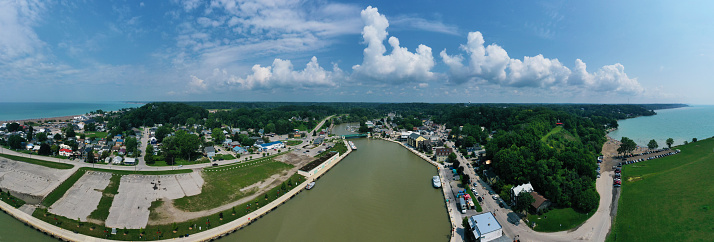 An aerial panorama view of Port Stanley, Ontario, Canada