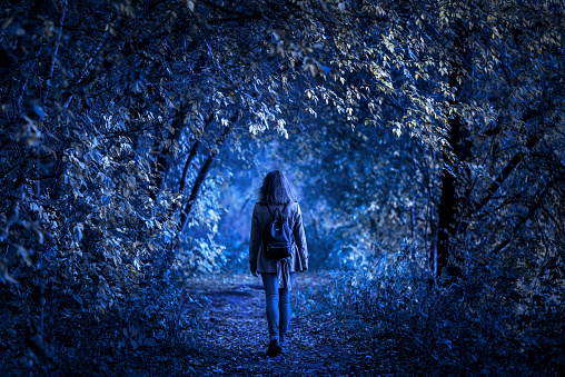 Dark forest on Halloween, young woman in fantasy spooky woods at night. Girl walking alone on path in mystic park. Lonely person in strange creepy place at dusk. Fear, mystery and horror concept.