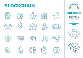 Blockchain and Cryptocurrency - Two Color Line Icons. Editable Stroke. Vector Stock Illustration