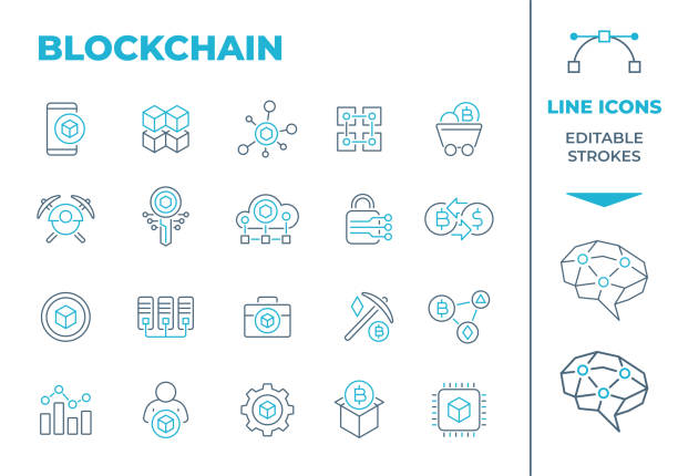 Blockchain and Cryptocurrency - Two Color Line Icons. Editable Stroke. Vector Stock Illustration Set of icons: Blockchain, Cryptocurrency, Bitcoin data mining stock illustrations