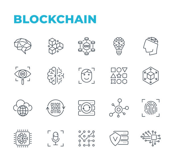 Blockchain and Cryptocurrency - Line Icons. Vector Stock Illustration Set of icons: Blockchain, Cryptocurrency, Bitcoin blockchain icons stock illustrations