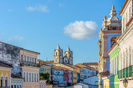 Colorful houses and churches in Pelourinho in the historic center of Salvador, Bahia