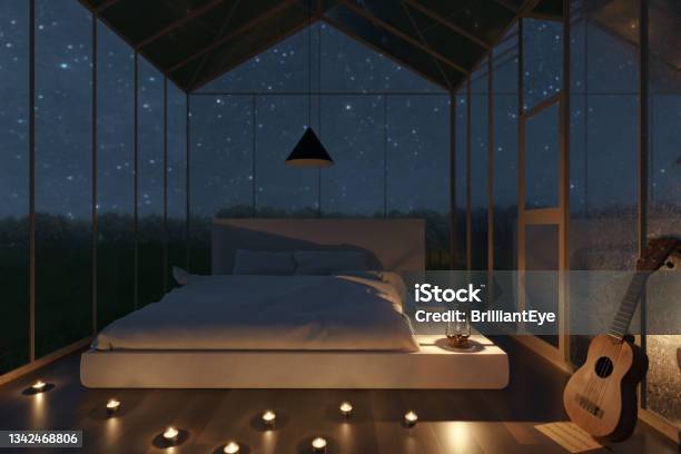 3d Rendering Of Cozy Greenhouse With White Bed And Illuminated Candles At Night Stock Photo - Download Image Now