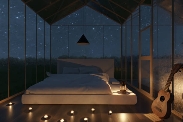 renderização 3d de estufa aconchegante com cama branca e velas iluminadas à noite - indoors conservatory decor home interior - fotografias e filmes do acervo