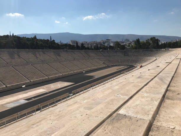 panathenaic stadium in athens, greece - bleachers olympic stadium architecture blue imagens e fotografias de stock