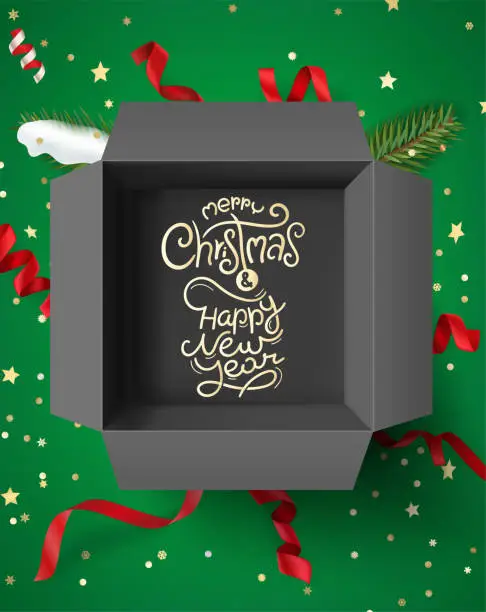 Vector illustration of Christmas banner with opened box and golden letering inscription