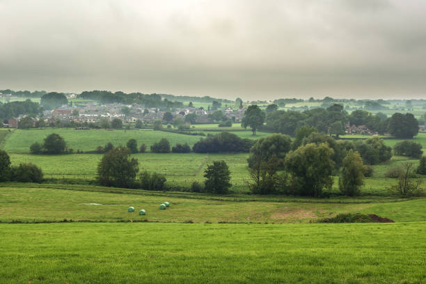 istock Valley with meadows, trees and a small village in a hilly landscape under a cloudy sky. 1342479096