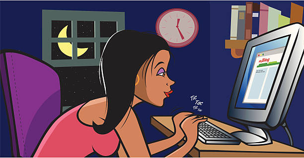 Dziewczyna Pisanie blogów w nocy – artystyczna grafika wektorowa