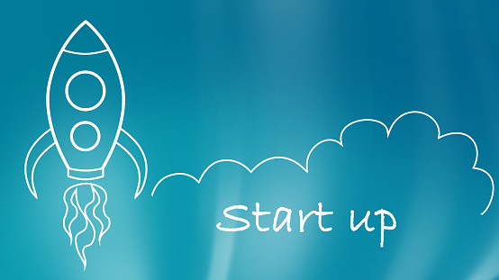 Business startup concept. Illustration of flying rocket on light blue background