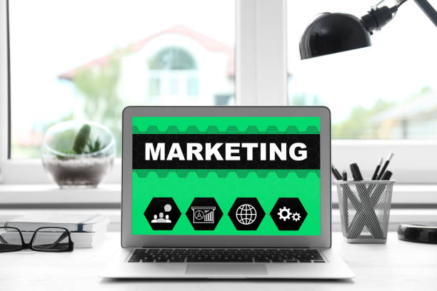 istock Digital marketing concept. Modern laptop on table indoors 1342481750