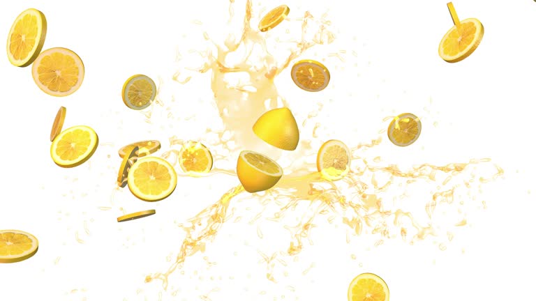 Lemon with blast of lemon slices. Lemon juice splashing in the background in slow motion.